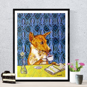 Basenji at the coffee shop dog art print on matte or glossy photo paper - modern home decor
