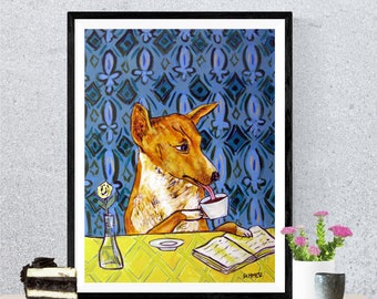 Basenji at the coffee shop dog art print on ready to hang gallery wrap canvas - modern home decor