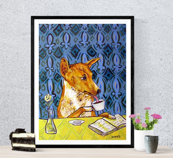 Basenji at the Coffee Shop Dog Art Print on Matte or Glossy Photo