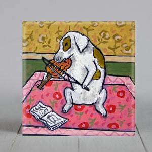 Jack russell terrier playing the violin dog art coaster tile - multipl sizes available