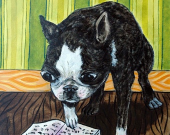 Boston Terrier canvas print, boston terrier reading, dog art print, boston terrier art