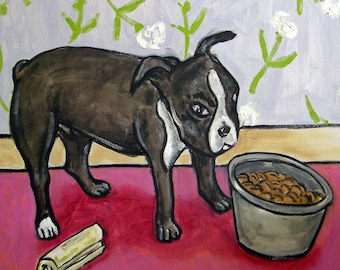 Boston terrier coaster, boston terrier art, boston terrier eating, dog art print