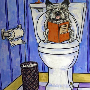 Cairn Terrier in the bathroom dog art print on matte or glossy print paper - multiple sizes