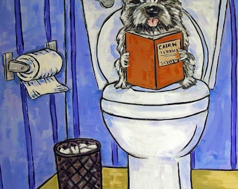 Cairn Terrier in the bathroom dog art on a rfeady to hang canvas print - multiple sizes
