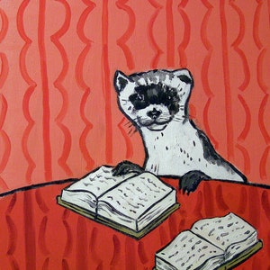 the Ferret Reading a Book - animal decor -  art print