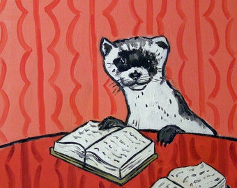 the Ferret Reading a Book - animal decor -  art print