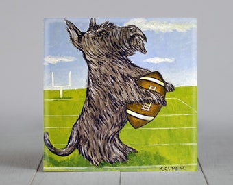 Scottish terrier playing football dog art tile coaster gift - multple sizes available