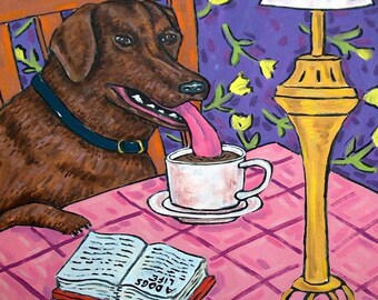 Choclate Labrador at the Coffee Shop Dog Art coaster tile Gift