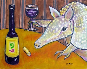 armadillo at the wine bar animal art print on ready to hang streched canvas - multple sizes