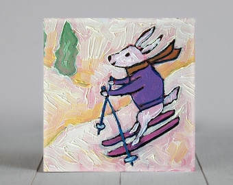 bunny art tile coaster - skiing decor - multiple sizes available - birthday gift for him or her - home office decor