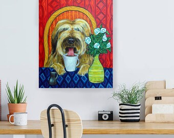 briard at the coffee shop dog art print - streched canvas or paper print - multiple sizes available