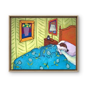May include: A framed painting depicting a dog sleeping in a bed with a blue floral patterned blanket, a wooden headboard, a bedside table with a lamp and clock, and a wall decorated with a framed floral artwork on light green wallpaper.