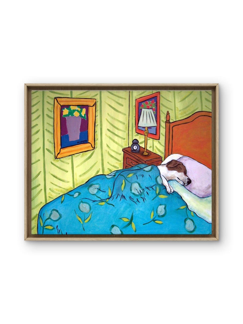 May include: A framed painting depicting a dog sleeping in a bed with a blue floral patterned blanket, a wooden headboard, a bedside table with a lamp and clock, and a wall decorated with a framed floral artwork on light green wallpaper.