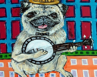 Pug playing the banjo - dog art - tile coaster - music studio decor - animal lover gift