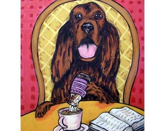 Irish Setter at the Cafe Dog Art Print - 13x19 - matte or glossy
