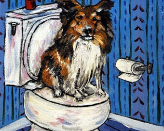 Shetland Sheepdog in the bathroom - dog art - tile coaster - animal lover gift