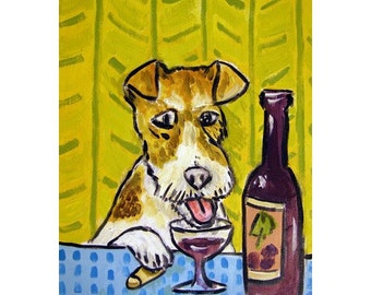 Fox Terrier at the Wine Bar Dog Art Print - 13x19  print - matte or glossy