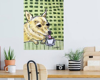 chihuahua at the coffee shop dog art print - canvas or matte paper print - multiple sizes