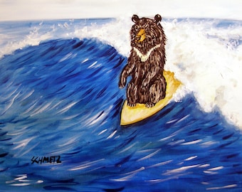 black bear surfing art print on ready to hang canvas print  - surfer home decor art print gift