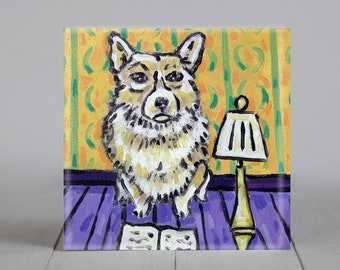 corgi reading - dog artwork - tile coaster - animal lover gifts - library home decor