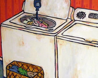 Owl doing the laundry fine art print on ready to hang gallery wrap canvas - home laundry room decor
