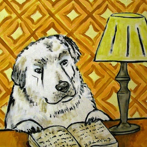 Great Pyrenees reading dog art print on matte or glossy paper - modernhome decor multiple sizes