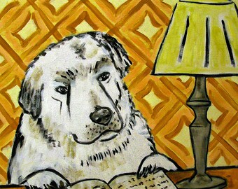 great pyrenees reading dog art on a ready to hang canvas print - modern home decor