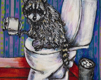 raccoon in the bathroom animal art tile coaster gift - multple sizes