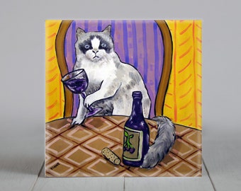 rag dog cat - cat artwork,coaster- square tile - wine decor - wineart - cat lover gift - animal decor