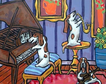 Basset hound dog art coaster tile gift - Music trio Gift - by animal artist Jay Schmetz
