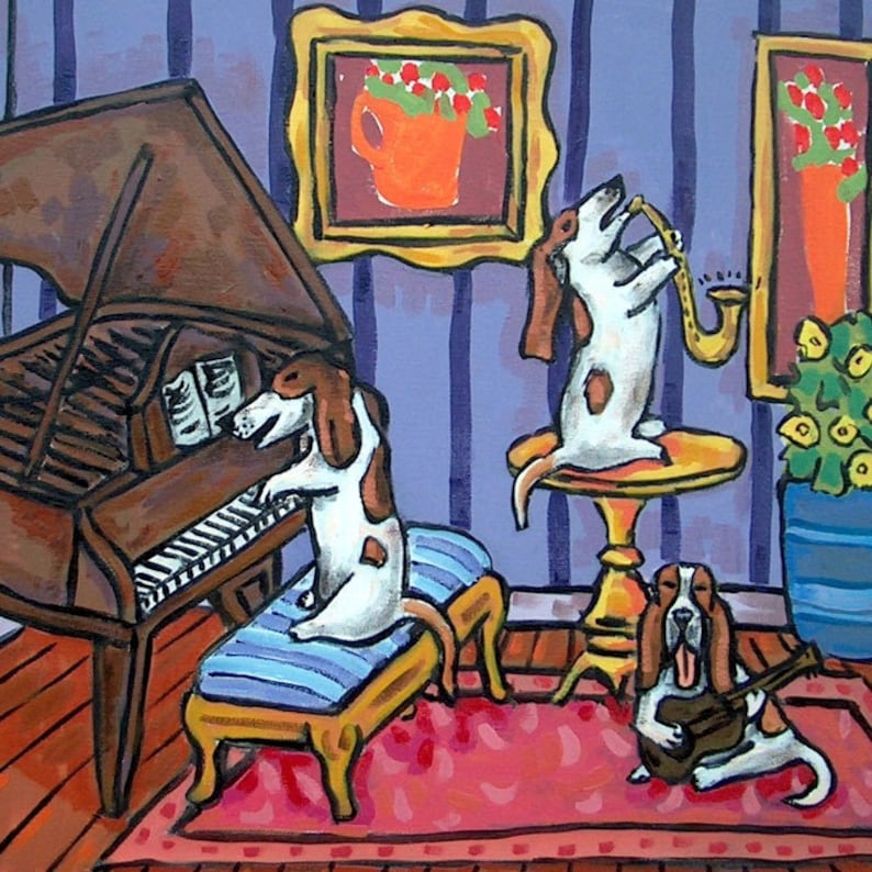 basset hound PLAYING BAGPIPEs DOG art print 8x10 basset hound PLAYING BAGPIPEs DOG art print 8x10