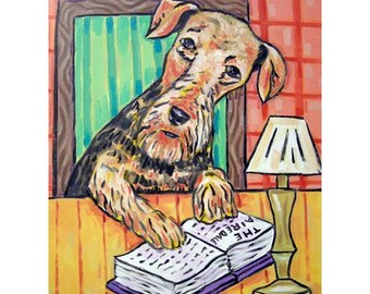 13x19 print,dog art,airedale terrier,airedale print,gift for librarian,modern dog art, airedale art