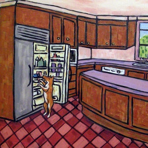 May include: An acrylic painting of a kitchen interior with a dog standing on its hind legs, reaching into an open refrigerator. The kitchen features brown cabinets, a purple countertop, and a red and pink checkered floor.