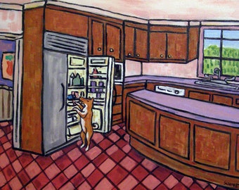 basenji raiding the fridge dog art print on ready to hang gallery wrap canvas - multple sizes