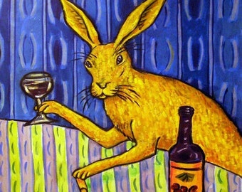 bunny rabbit at the wine bar animal art tile coaster