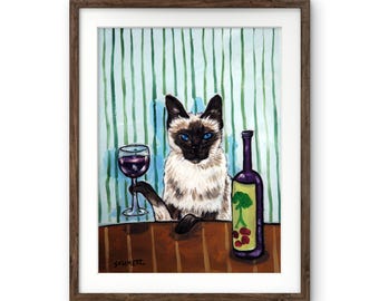 Siamese Cat Art Print, Cat at Wine Bar Painting, Funny Cat Wall Art, Chic Bar Cart Decor, Cute Animal Poster, Fine Art Print or Canvas Wrap