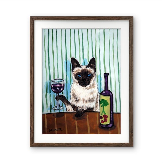 Siamese Cat Art Print, Cat at Wine Bar Painting, Funny Cat Wall Art, Chic Bar Cart Decor, Cute Animal Poster, Fine Art Print or Canvas Wrap