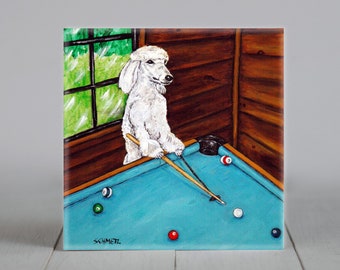 Poodle Playing Billiards Pool - dog art - tile coaster - animal lover gift