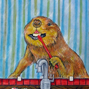 Beaver brushing his teeth animal art print on matte or glossy paper