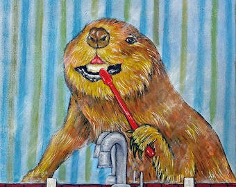 Beaver brushing his teeth animal art print on canvas with .75 or 1.5 stretcher bars