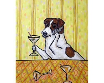Jack Russell Terrier at the Martini Bar Dog Art Print - streched canvas or paper print - mulytiple sizes available