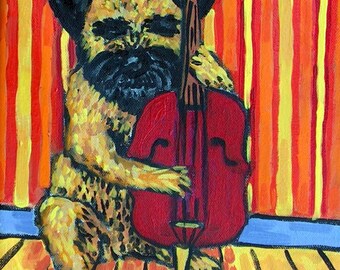 Border Terrier Playing Stand up Bass Dog Art coaster tile Gift  - multipel sizes available