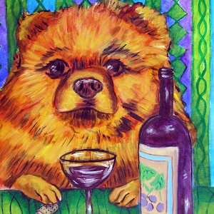 Pomeranian at the cafe coffee shop dog art print - stretched canvas or paper print - multiple sizes