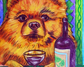 Pomeranian at the cafe coffee shop dog art print - stretched canvas or paper print - multiple sizes