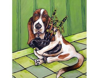 Basset Hound Playing the Bagpipes Dog Art Print
