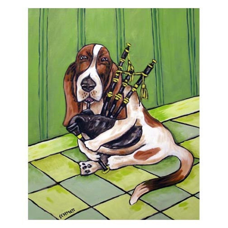 Basset Hound Playing the Bagpipes Dog Art Print