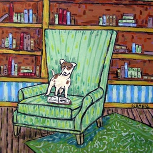 Rat terrier reading in a Study Dog art tile coaster gift