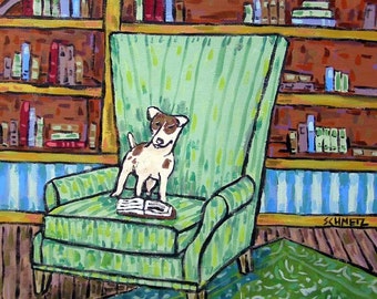 Rat terrier reading in a Study Dog art tile coaster gift