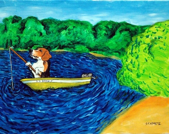 beagle fishing, beagle dog art, beagle canvas, wall art print