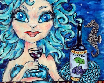 mermaid fantasy art mythology wine   art print impressionism gift new sea horse 13x19